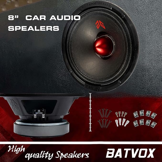 MX80E2 Midrange Loudspeaker 8" Red Bullet, 640W Max, 4 Ohms, Premium Quality Audio Door Speakers for Car or Truck Stereo Sound System, Black (2 Speaker)
