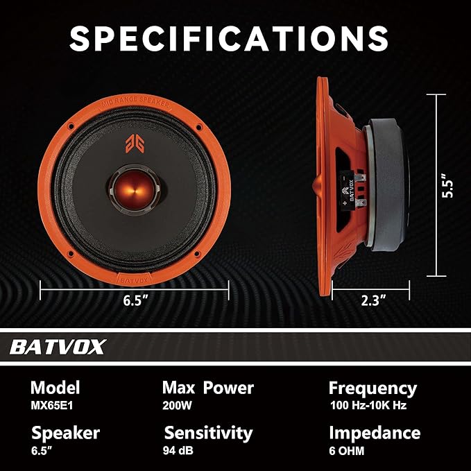 MX65E1 Midrange Loudspeaker 6.5" Orange Bullet, 400W Max, 6 Ohms, Premium Quality Audio Door Speakers for Car or Truck Stereo Sound System, Orange (2 Speaker)