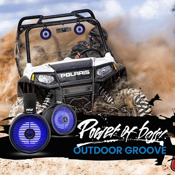 PyleUsa 6.5” Waterproof Off-Road Speakers - 200W 2-Way Marine Wakeboard Tower Sound System w/ LED Light, Full Range Outdoor Stereo Speaker for Car, ATV, UTV, Jeep, Boat, Includes Brackets (Black)