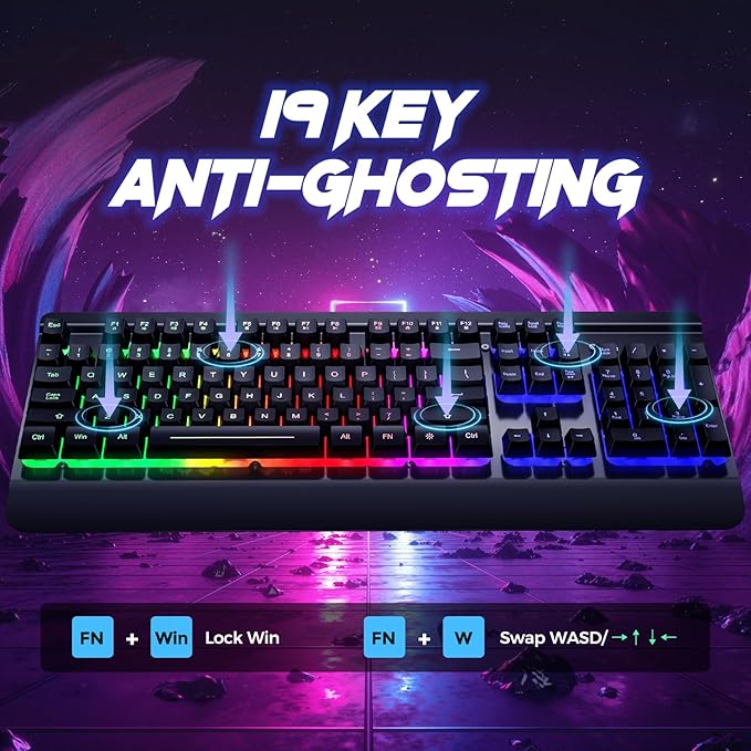 RisoPhy Gaming Keyboard, 104 Keys All-Metal Panel, Rainbow LED Backlit Silent Computer Keyboard, Wrist Rest, Multimedia Keys, Anti-Ghosting, Waterproof Light Up Wired Keyboard for PC Mac Gamer