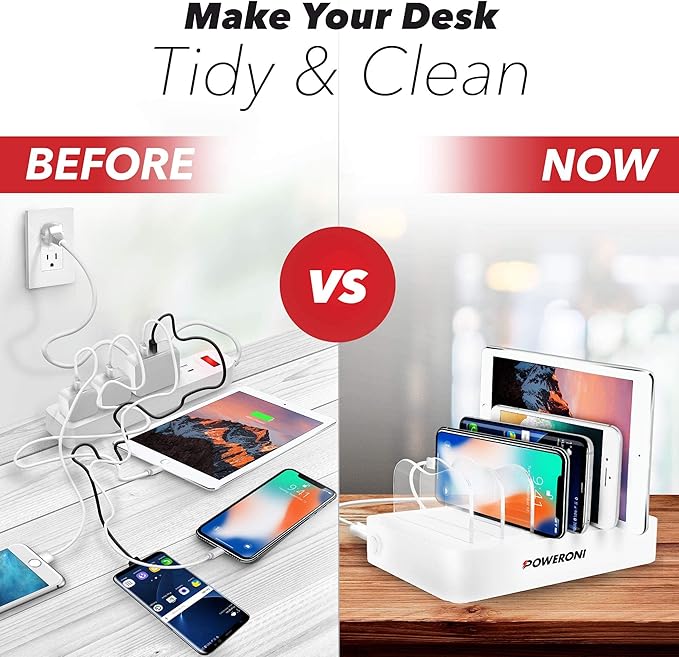 USB Charging Dock - 6-Port - Fast Charging Station for Multiple Devices Apple - Multi Device Charger Station - Compatible with Apple iPad iPhone and Android Cell Phone and Tablet