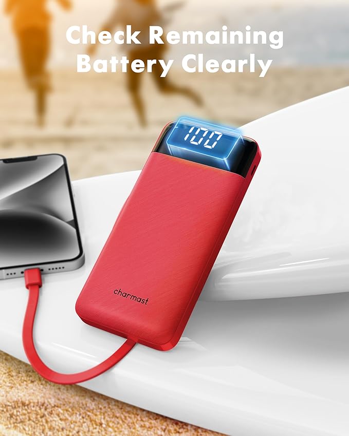 Charmast Portable Charger with Built in Cables, Power Bank with Cords Wires, Slim 10000mAh Travel Battery Pack 6 Outputs 3 Inputs 3A Fast Charging for Samsung Google Pixel LG Moto iPhone iPad