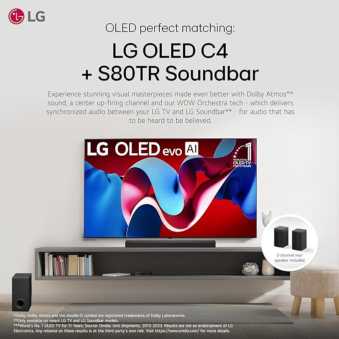 LG S80TR 5.1.3 ch. OLED evo TV Matching Home Theater Soundbar with Rear Surround Speakers and Wireless Subwoofer, Wow Orchestra, Dolby Atmos, WOWCAST Built-in (2024 Model)