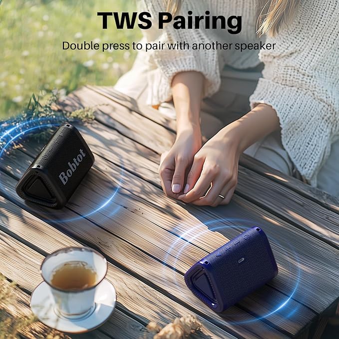 Bobtot Portable Bluetooth Speaker Wireless, IPX7 Small Shower Speaker Waterproof, 15H Playing Time, Loud and Stereo Sound with Bass, TWS Pairing for Party, Camping, Travel, Blue