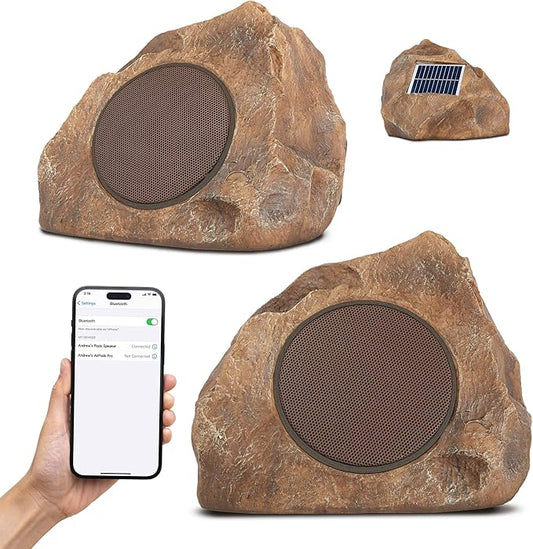 Homewell Outdoor Rock Speaker Solar-Powered Wireless Bluetooth 5.0 Portable Speaker Weatherproof for Patio, Pool, Deck, Yard, Garden and Home (Brown, 2-Pack)