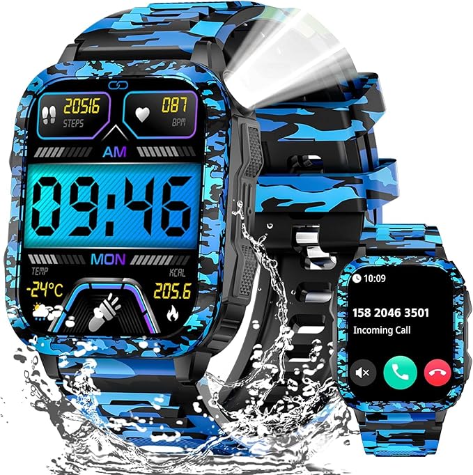 Military Smart Watches for Men (Make/Answer Call) with LED Flashlight 1.96" Screen 430mAh Fitness Tracker with Sport Modes Heart Rate Sleep Monitor Rugged Smartwatch for iPhone Android