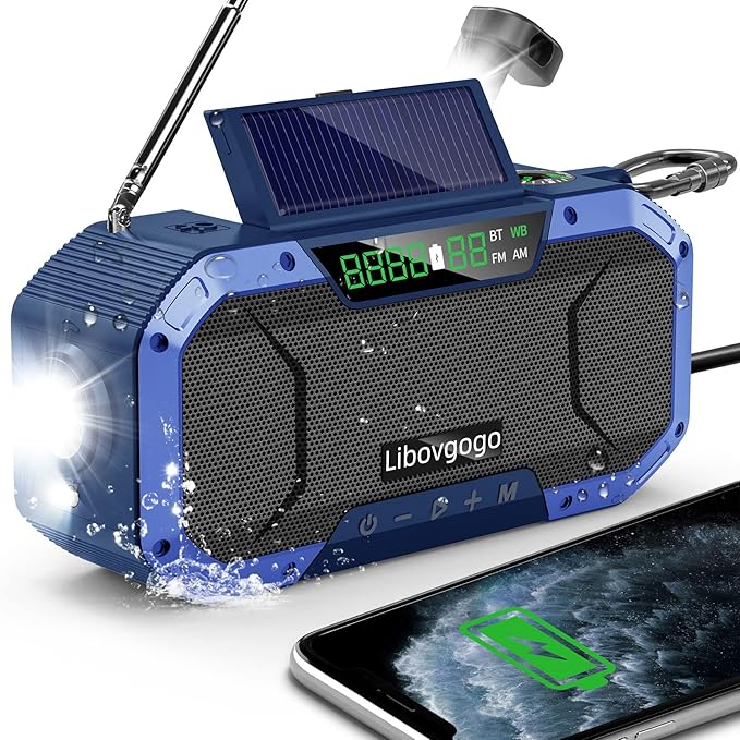 Bluetooth Hand Crank Emergency Solar Powered Radio,Waterproof Portable NOAA Weather AM FM Radio Speaker,Wind Up Flashlight Phone Charger,5000mAH Battery Operated for Storm,Outage,Hurricane,Survival
