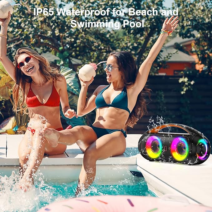 Portable Bluetooth Speaker, Loud Boombox Speaker with Subwoofer, Powerful Deep Bass Stereo Sound, IP65 Waterproof, Wireless Outdoor Speaker for Camping, Beach, Party, Support TWS/USB/TF Card/AUX