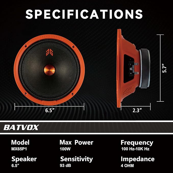 MX65P1 Midrange Loudspeaker 6.5" Orange Dust Cap, 200W Max, 4 Ohms, Premium Quality Audio Door Speakers for Car or Truck Stereo Sound System, Orange (2 Speaker)