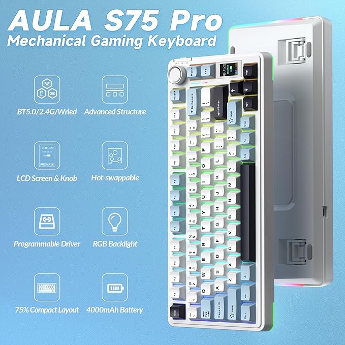 AULA S75 PRO Wireless Mechanical Keyboard with Screen&Knob, 75% Hot Swappable Gaming Keyboard with Pre-lubed Switches, RGB Backlit, PBT Keycaps Creamy Sounding Pc Gaming Keyboards
