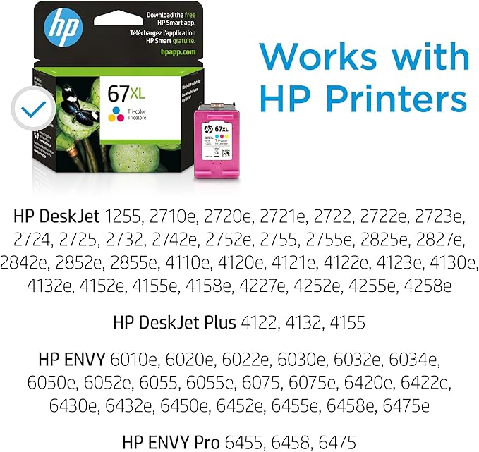 HP 67XL Tri-color High-yield Ink Cartridge for HP Printers | Works with Printer Series: DeskJet 1255, 2700, 4100; ENVY 6000, 6400 | Eligible for Instant Ink | 3YM58AN