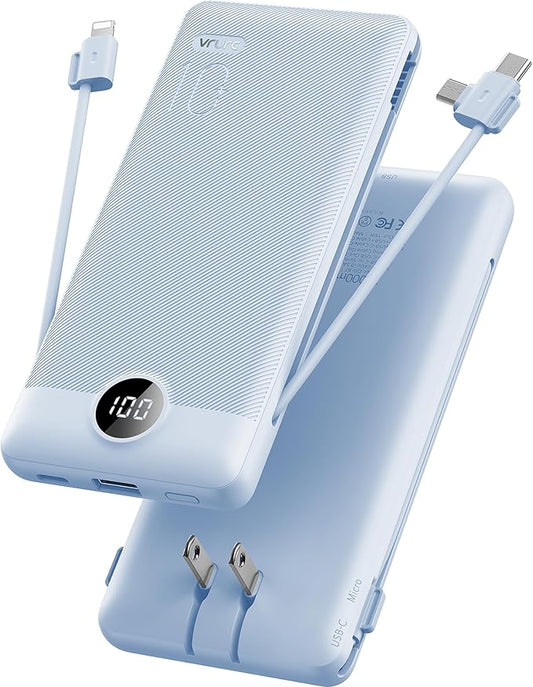 VRURC Portable Charger Built-in Cables and AC Wall Plug, USB C Power Bank 10000mAh, Travel Essentials Phone Charger Compact Lightweight External Battery Pack for Smart Phones, Tablets etc-Blue