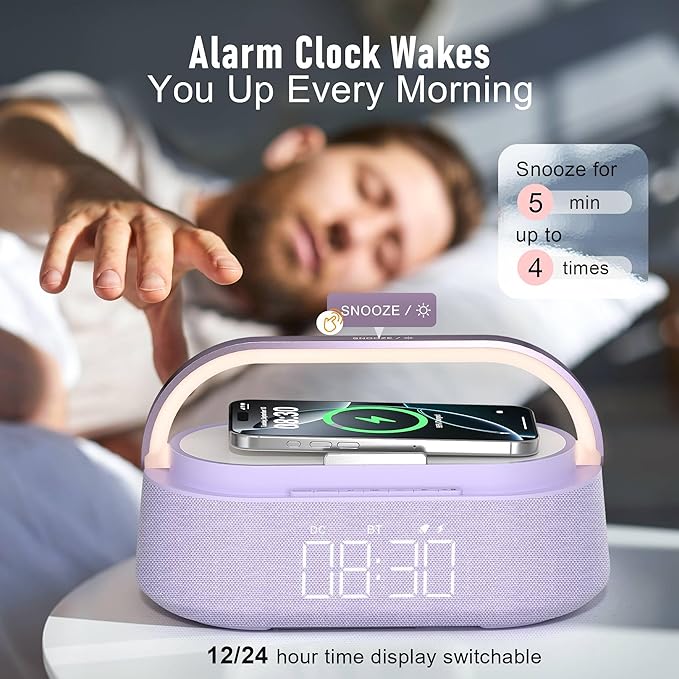 Bluetooth Speaker with Wireless Charger, FM Radio, Dimmer Night Light, Phone Holder, Wireless Charging Speakers for iPhone Samsung, Bedrooms Home Office Gifts
