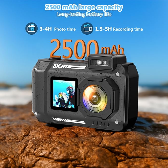 8K Waterproof Digital Camera Snorkeling: 70MP 33FT Compact Rugged Underwater Camera HD Dual-Screen with 18X Zoom Selfie 64GB Card & 2500 mAh Battery for Outdoor Scuba Diving Fishing Swimming Black