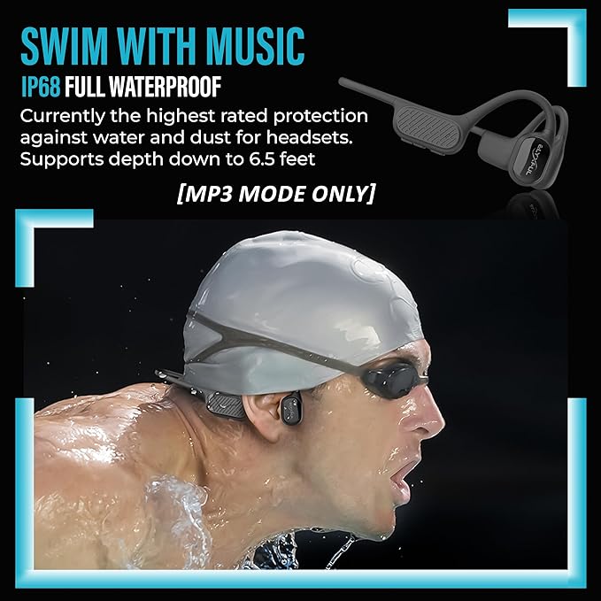 Bone Conduction Swimming Headphones with Bluetooth & 64GB MP3 Player, Shuffle & Repeat, IP68 Waterproof, Secure Fit for Workouts, Running, Cycling and Swimming, Microphone for Hands-free Calls