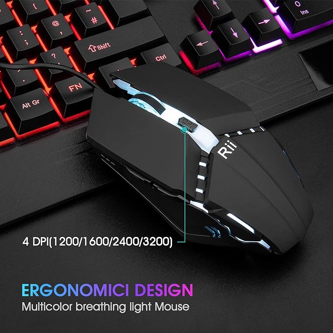 Rii Gaming Keyboard and Mouse Combo,USB Wired,104 Keys RGB LED Backlit Keyboard with Wrist Rest for PC/Laptop (Black)