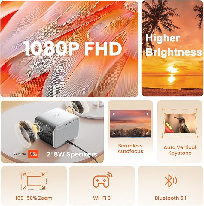 [Sound by JBL & High Brightness] Yaber Projector with WiFi and Bluetooth, Projector 4K Support, Auto Focus/Keystone Correction, 3D Sound Movie Proyector, Portable projector for Home & Outdoor