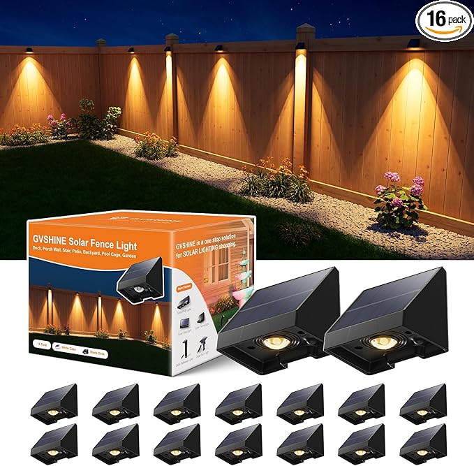 16 Pack Decoration Solar Powered Fence Lamps Outdoor Waterproof with Warm White LED Spot, for Outside Stair, Gate, Mailbox, Backyard, Door, Garage, Garden, Sconce for Enhanced Security, Easy Mount