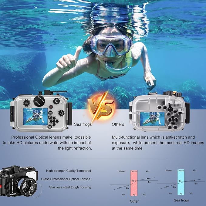 Seafrogs 60m/195ft Underwater Camera Housing for Olympus TG-7 – Waterproof Case with 52mm & 67mm Thread, Dual Fiber Optic Ports, Leak Detection, Stainless Steel Mounting Plate (TG-7-black)