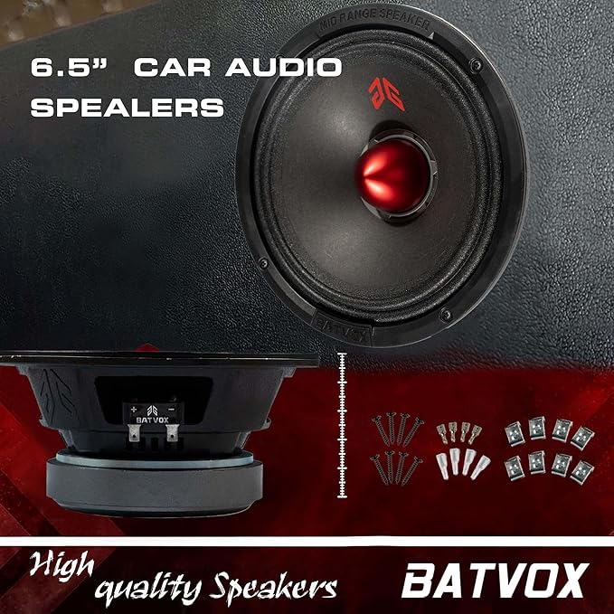 MX65E2 Midrange Loudspeaker 6.5" Red Bullet, 480W Max, 4 Ohms, Premium Quality Audio Door Speakers for Car or Truck Stereo Sound System, Black (2 Speaker)