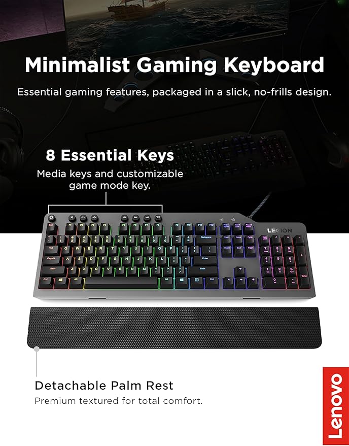 Lenovo GY40T26478 Legion K500 RGB Mechanical Gaming Keyboard, 3 ZONE Full-size Keyboard, 7 user Programmable Hot Keys; 16.8 Million Colors, 50 Million-Click Red Mechanical Keys, Detachable Palm Rest