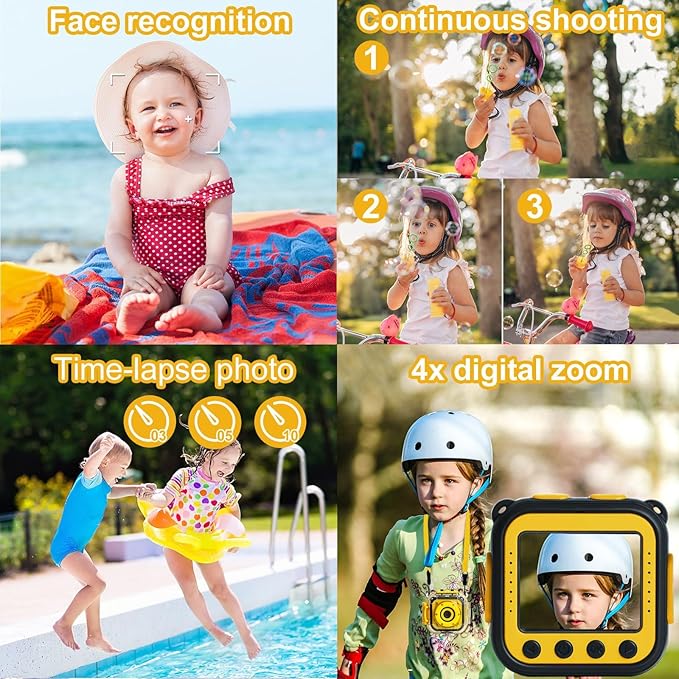 PROGRACE Kids Waterproof Camera - 3 4 5 6 7 8 9 10 Year Old Girl Birthday 1080P HD Underwater Video Camera for Kids Pool Toys Toddler Digital Cameras with 32GB Card Yellow