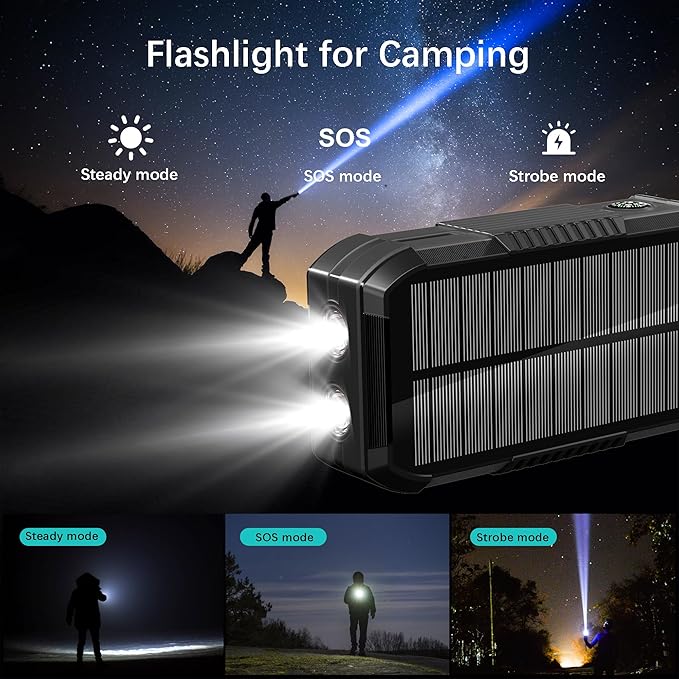 Solar Charger Wireless Power Bank 70000mAh Built in 2 Cables and Hand Crank, Portable Charger 22.5W Fast Charger 6 Outputs & 4 Inputs External Battery Pack with Bright Flashlight and Compass