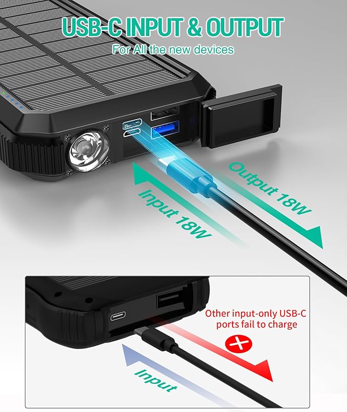 BLAVOR Solar Power Bank, PD18W QC3.0 Fast Charging 10W Wireless Charger 20000mAh Solar Powered Powerbank with Type C Input/Output, IPX5 Waterproof, Camping Flashlight, Compass, Carabiner