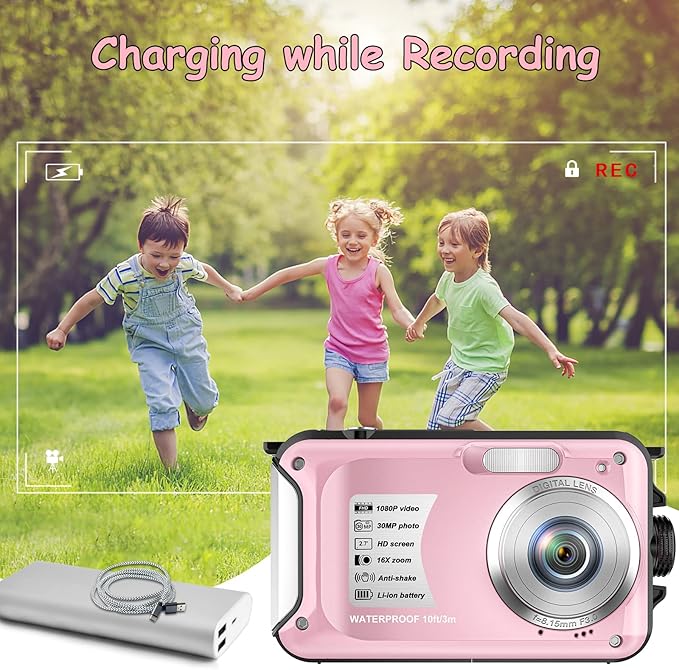 Underwater Camera, Waterproof Camera Autofocus with 32GB Card, 10FT Waterproof Digital Camera with 2.7" Screen for Kids, 16X Fill Light Portable Compact Digital Camera for Snorkeling, Pink