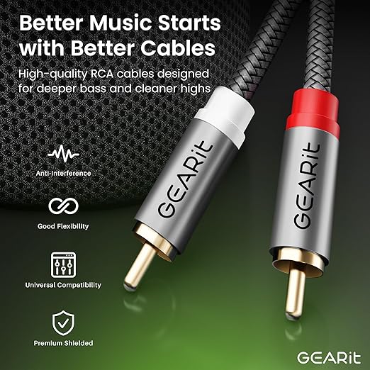 GEARit RCA Cable (25FT) 2RCA Male to 2RCA Male Stereo Audio Cables Shielded Braided RCA Stereo Cable for Home Theater, HDTV, Amplifiers, Hi-Fi Systems, Car Audio, Speakers, 25 Feet