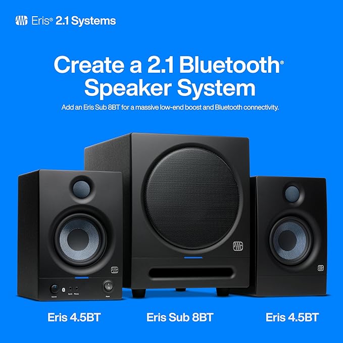 PreSonus Eris 4.5BT Bluetooth Studio Monitors, Pair — 4.5" Inch Powered Bookshelf Speakers, Stereo, Desktop Computer, Near Field Music Production, Audio Mixing Recording