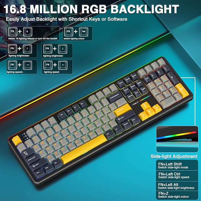 AULA F108 Wireless Mechanical Keyboard, BT5.0/USB-C/2.4GHz Hot Swappable Custom Gaming Keyboards, PBT Keycaps, Pre-lubed Switches, RGB Backlit Full Size Creamy Keyboard with Number Pad, 108 Keys