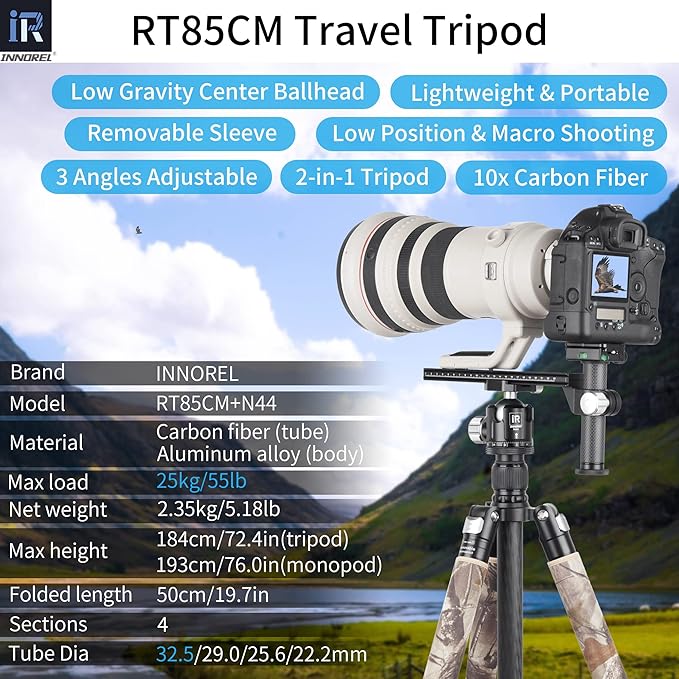 Carbon Fiber Tripod-INNOREL RT85CM Super Professional Stand with Low Gravity Center 360° Panoramic Ballhead and Green Camouflage Leg Covers for Digital DSLR Camera