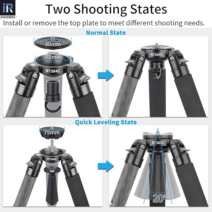 INNOREL NT364C Professional Carbon Fiber Tripod - Heavy Duty Camera Stand, 55lb/25kg Max Load, 75mm Bowl Adapter (Max Tube 36mm)