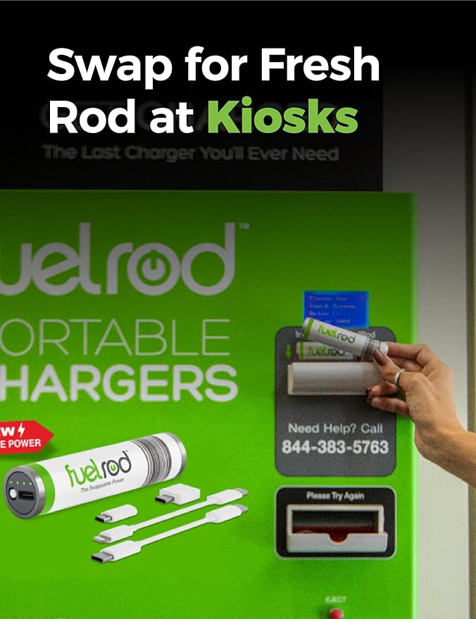 FuelRod USB-C Portable Charger Kit - Pack of 3- Includes All Cables & Adapters Compatible with All Tablets & Smart Phones, Rechargeable Backup Power Bank, Swap for Charged Rod at Kiosk