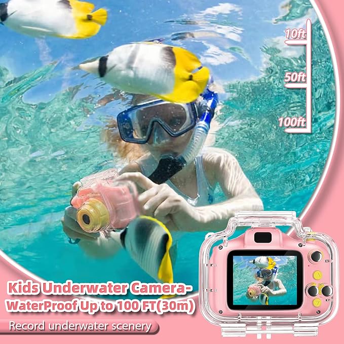 Kids Waterproof Camera - Birthday Gifts for 3 4 5 6 7 8 9 10 Year Old Girls 2 Inch IPS Screen Underwater Action Camera with 32 GB SD Card, Pool Toys for Kids Age 8-12 Pink