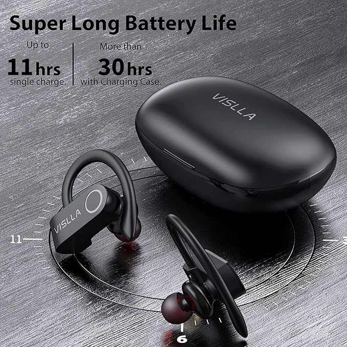 Vislla Wireless Earbuds, Bluetooth Headphones,11H Playback time on a Single Charge, in-Ear Earphones with Earhooks Built-in Microphone Waterproof Sport Earphones for Running Workout Gym Black