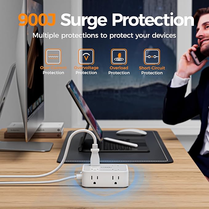 TESSAN Surge Protector Power Strip, 5 Ft Flat Plug Extension Cord with 3 USB (1 USB C) 8 Outlets, 900J Surge Protection, 3 Sided Outlet Extender with Power Switch for Office, Dorm Room Essentials