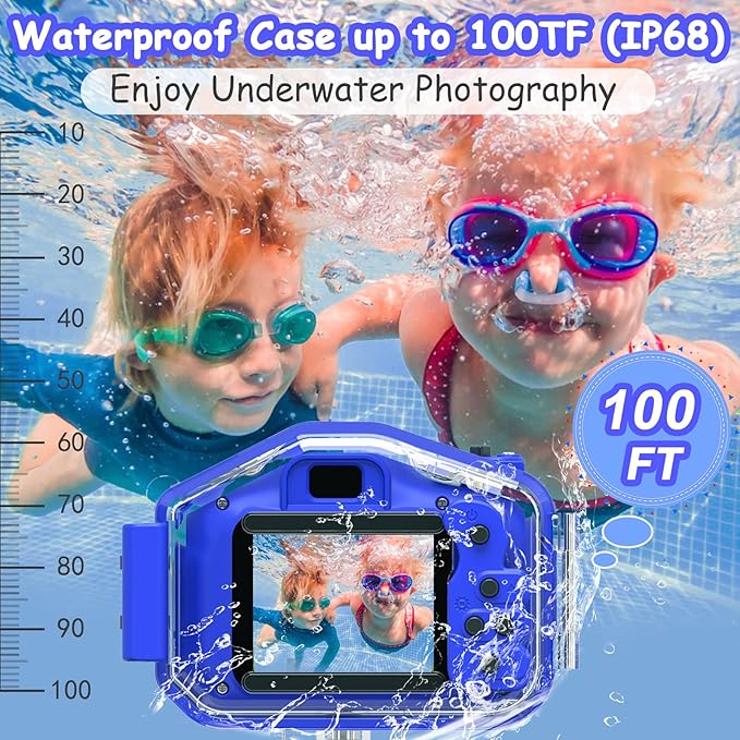 DEKER Kids Waterproof Camera, Christmas Birthday Gifts for Boys Girls Toys 3-12 Year Old, Underwater Mini Children HD Digital Action Camcorder, 2 Inch IPS Screen with 32GB Card (Dark Blue)