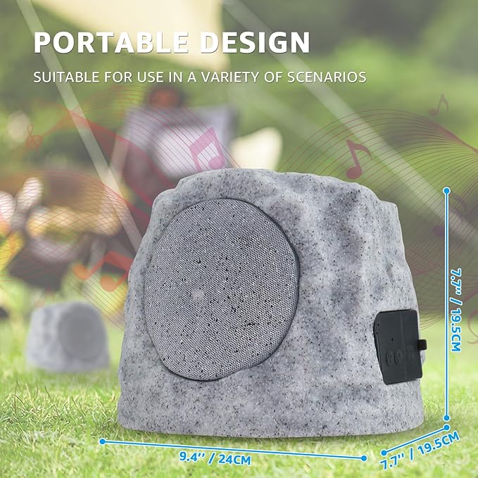 2-Pack Rock Speakers Outdoor Water-Resistant Solar Powered Patio Speaker with 3 Mode Lights and Pair System and USB Rechargeable for Pool Outside Garden Yard Deck
