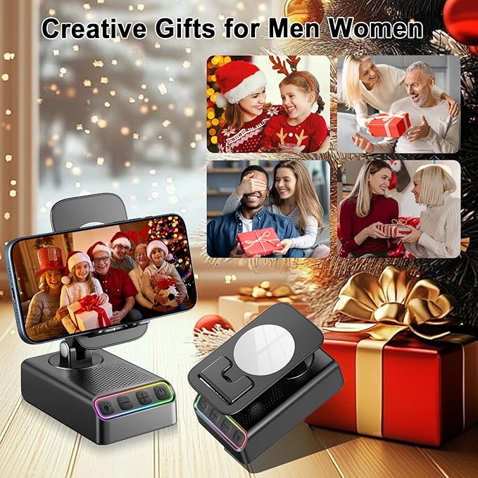 Adjustable Cell Phone Stand with Wireless Induction Bluetooth Speaker, HD Surround Sound for Home and Outdoors, Compatible with iPhone/iPad/Samsung Galaxy, Popular Gifts for Men Women Dad Mom