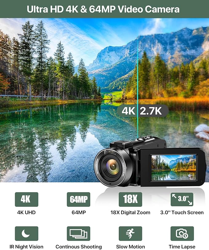 4K Video Camera Camcorder 64MP Vlogging Camera for YouTube 3.0" Touch Screen 18X Digital Zoom IR Night Vision with External Stereo Microphone,Remote,Lens Hood,Handheld Stabilizer,32G Card &2 Batteries