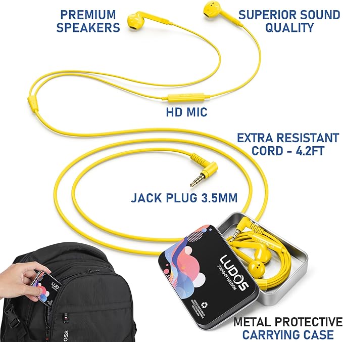 LUDOS FEROX Wired Earbuds in-Ear Headphones, 5 Years Warranty, Earphones with Microphone, Noise Isolation Corded for 3.5mm Jack Ear Buds for iPhone, Samsung, Laptop, Kids, School Students - Yellow