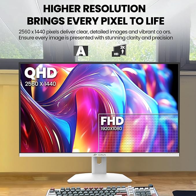 CRUA 32Inch White Monitor, QHD (2560X1440P), 75Hz Computer Monitor, IPS Screen, 120% sRGB, Support AMD FreeSync, Blue Light Filter, HDMI & DP, Built-in Speakers, Wall Mount Installation (75mm*75mm)