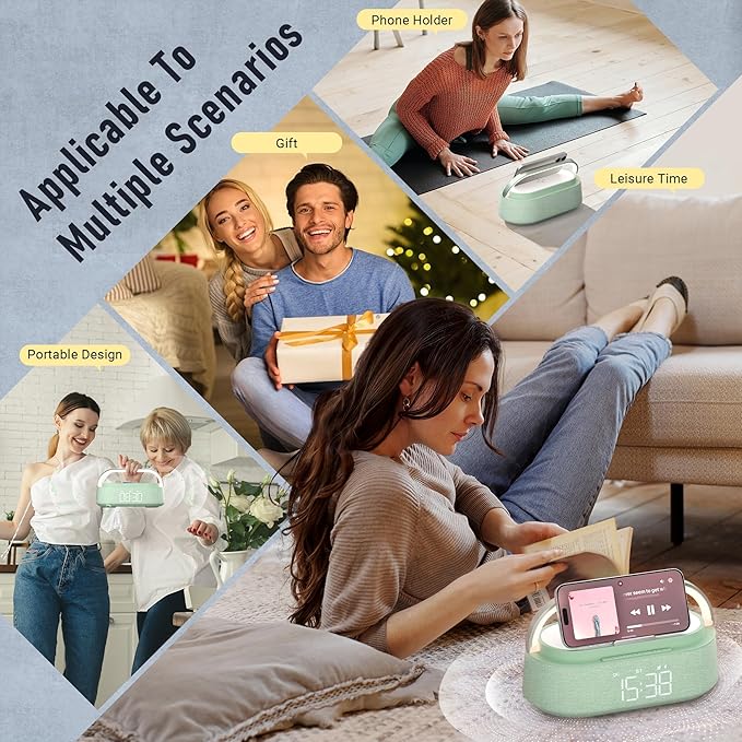 FREEFISH Bluetooth Speaker with Fast Wireless Charger,FM Radio,Touch LED Night Light,Phone Holder,Snooze, Portable Wireless Speaker for Bedrooms Office Home, Gifts