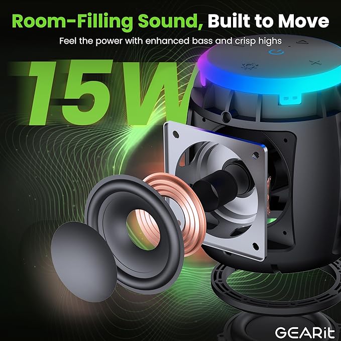 GEARit Portable Bluetooth Speaker Wireless with 15W Loud Sound - IPX6 Water-Resistant Speakers - Fast Connect 5.3 Bluetooth, AUX, and TWS Pairing - Perfect for Gift/Home/Outdoor/Party