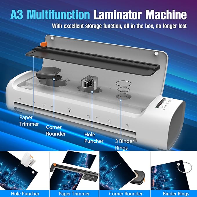 Laminator Machine 13 Inch, 60s Quick Warm-Up Never Jam Laminating Machine with 52 Laminating Sheets, 9 in 1 A3 Thermal Machine Hot & Cold with Paper Trimmer Corner Rounder for Office School Home Use