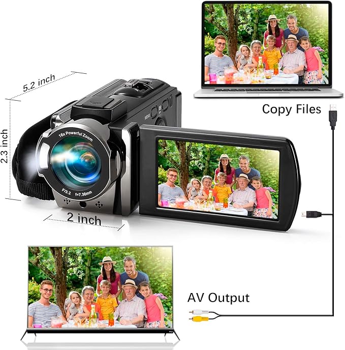 Video Camera Camcorder Digital Camera Recorder Full HD 1080P 15FPS 24MP 3.0 Inch 270 Degree Rotation LCD 16X Digital Zoom Camcorder Camera with 2 Batteries(Black)
