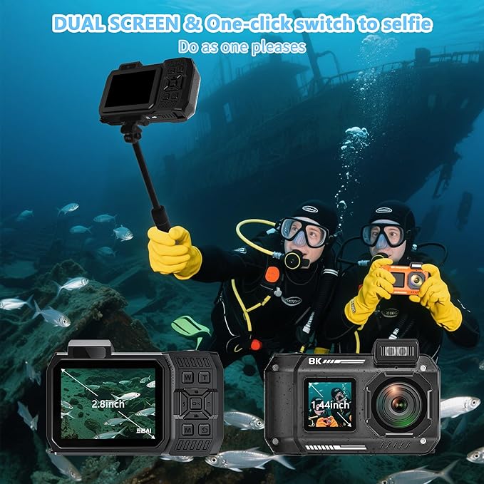 8K Waterproof Digital Camera Snorkeling: 70MP 33FT Compact Rugged Underwater Camera HD Dual-Screen with 18X Zoom Selfie 64GB Card & 2500 mAh Battery for Outdoor Scuba Diving Fishing Swimming Black