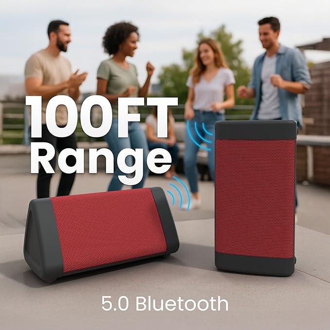 Oontz Upgraded Angle 3 Portable Bluetooth Speaker 5.0-10W Sound, 14-Hr Battery, 100ft Wireless Range, IPX5 Water-Resistant, Budget-Friendly Small Speaker for Travel, Party, Outdoor or Home (Red)